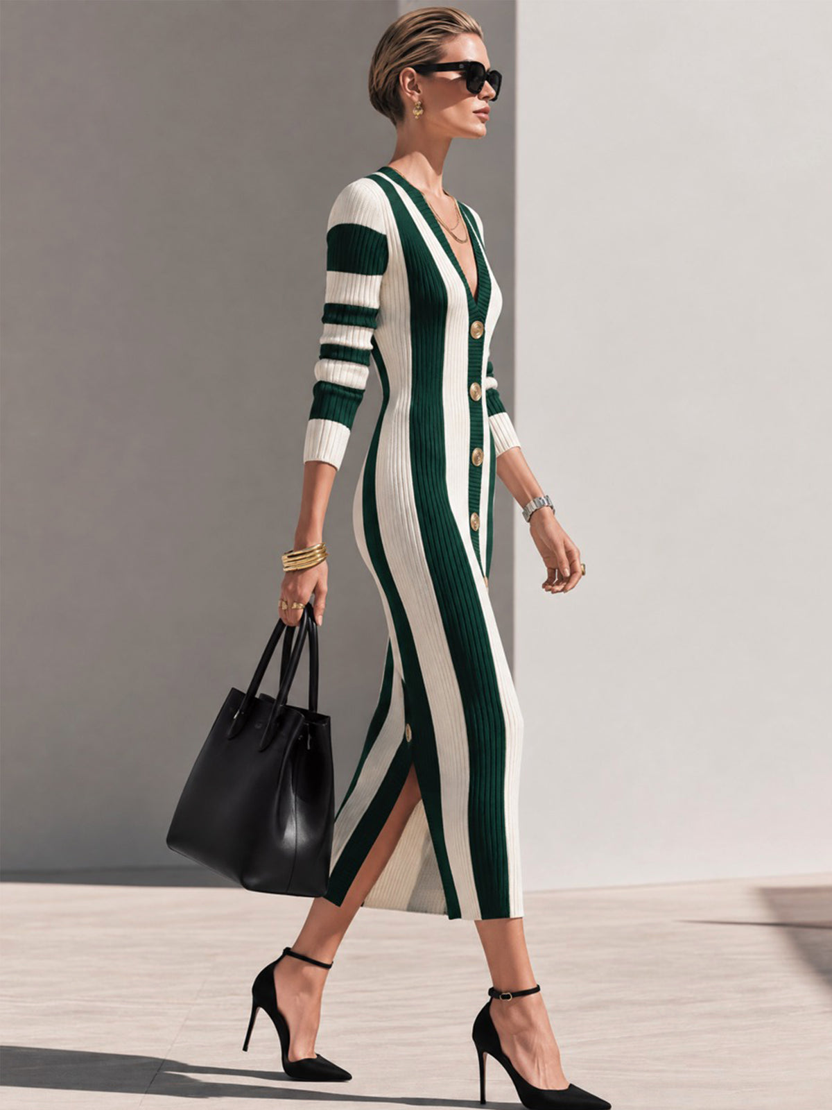 Striped Ribbed Long Sleeve Knit Midi Dress