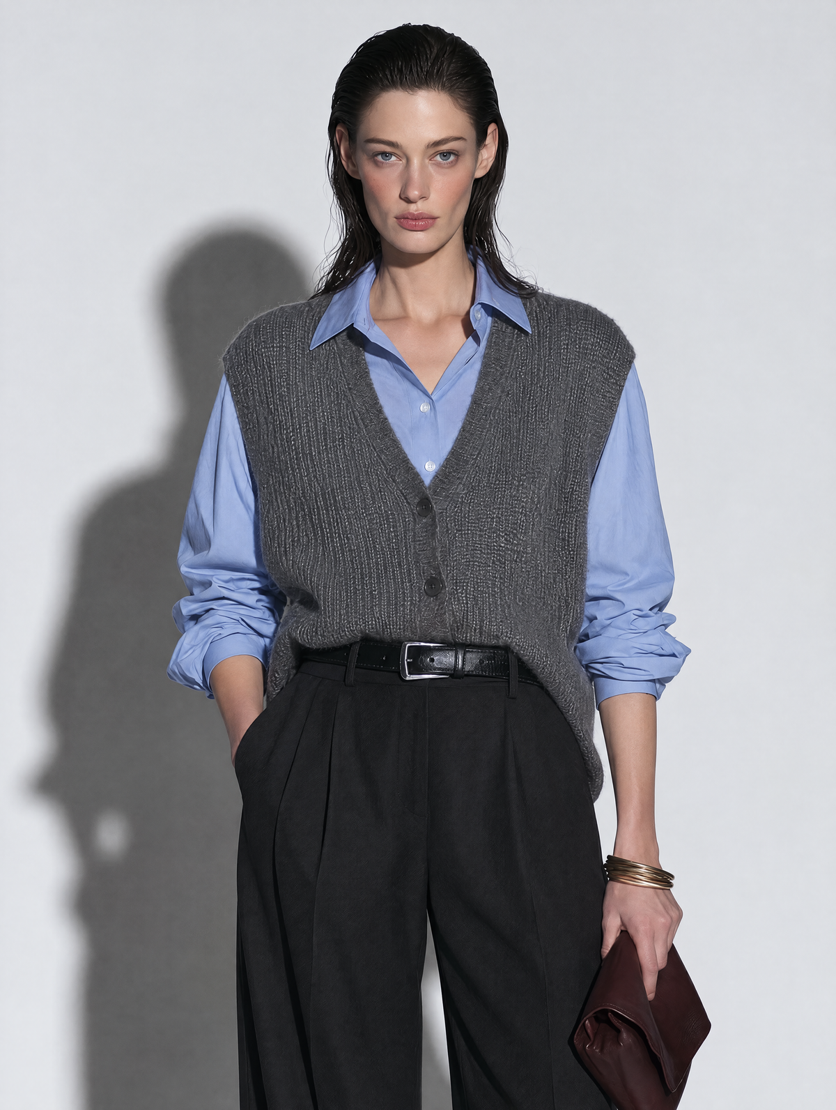 Grey V-Neck Button-Front Knit Sweater Vest