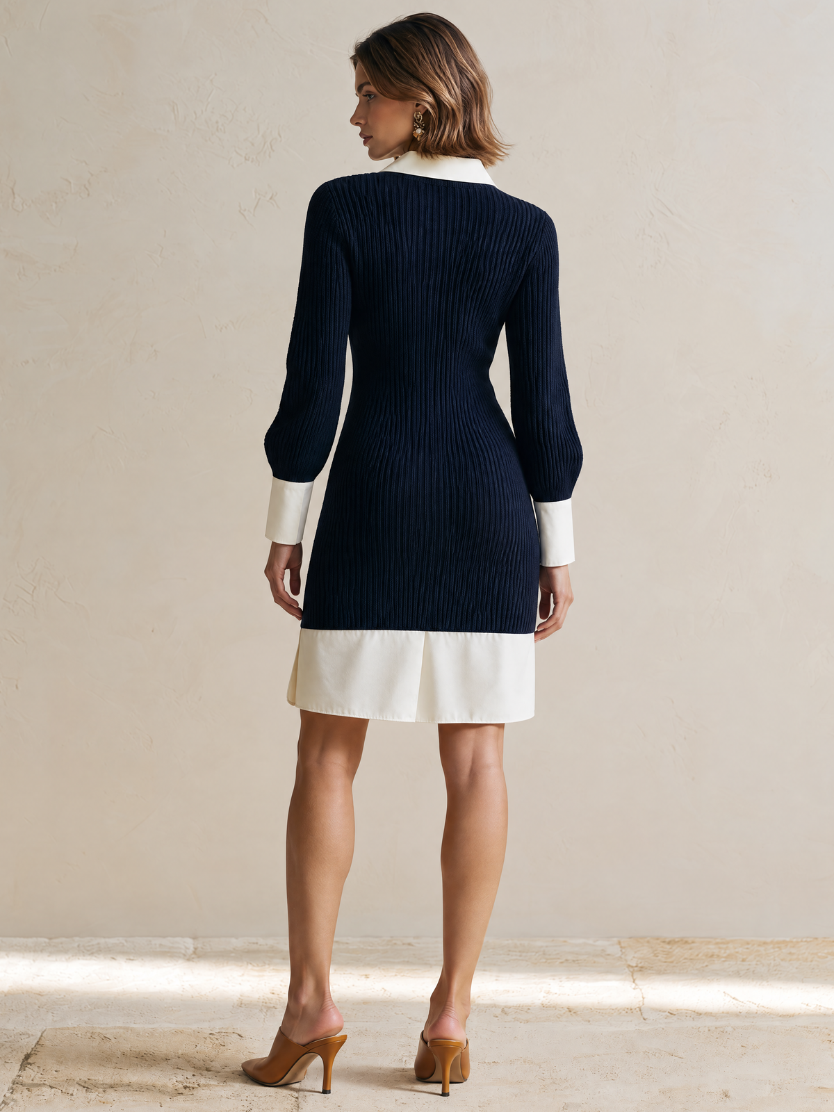 Elegant Navy Knit & White Shirt Contrast Two-in-One Dress