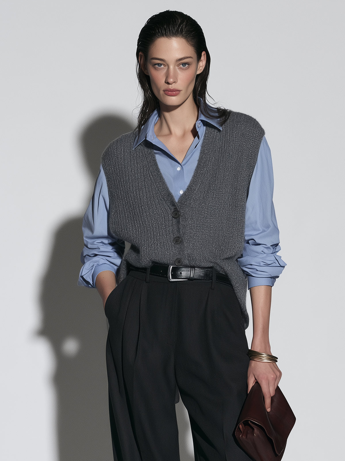 Grey V-Neck Button-Front Knit Sweater Vest
