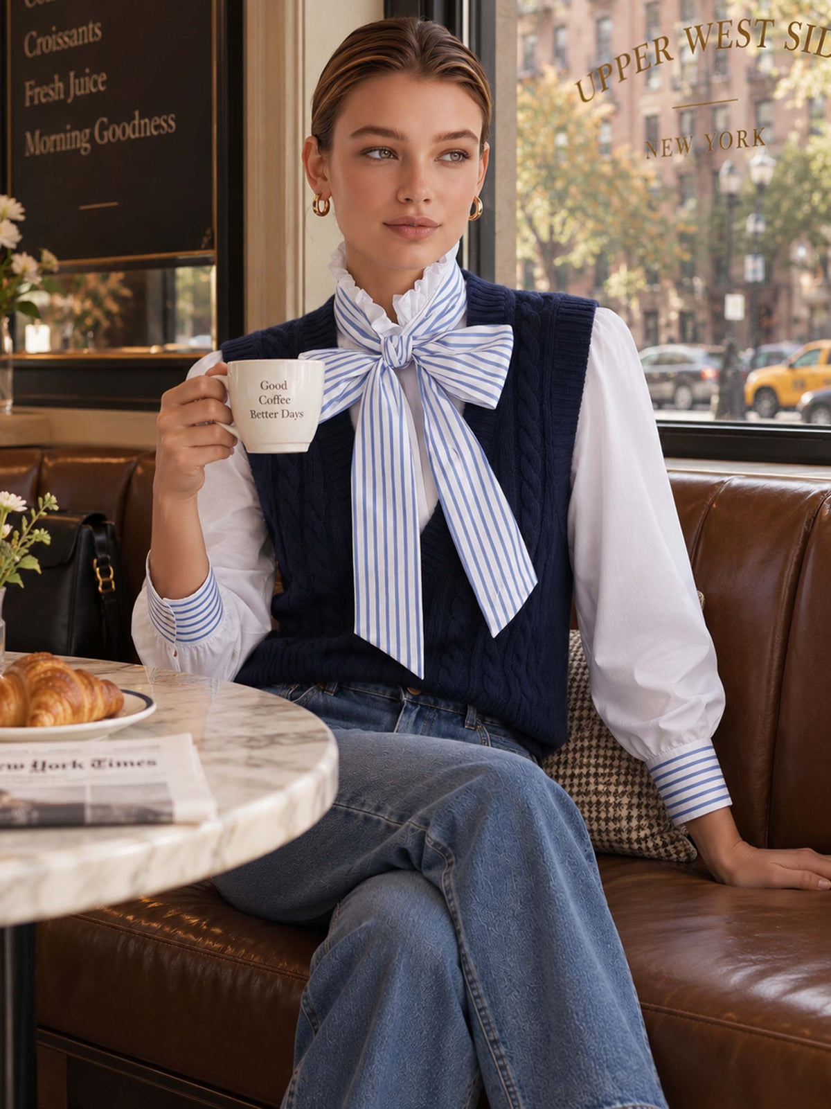 Navy Cable Knit V-Neck Sleeveless Layering Vest