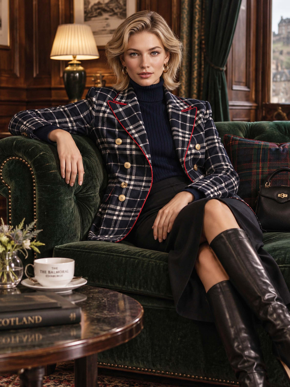 Navy Plaid Blazer With Red Piping Double Breasted Gold Buttons