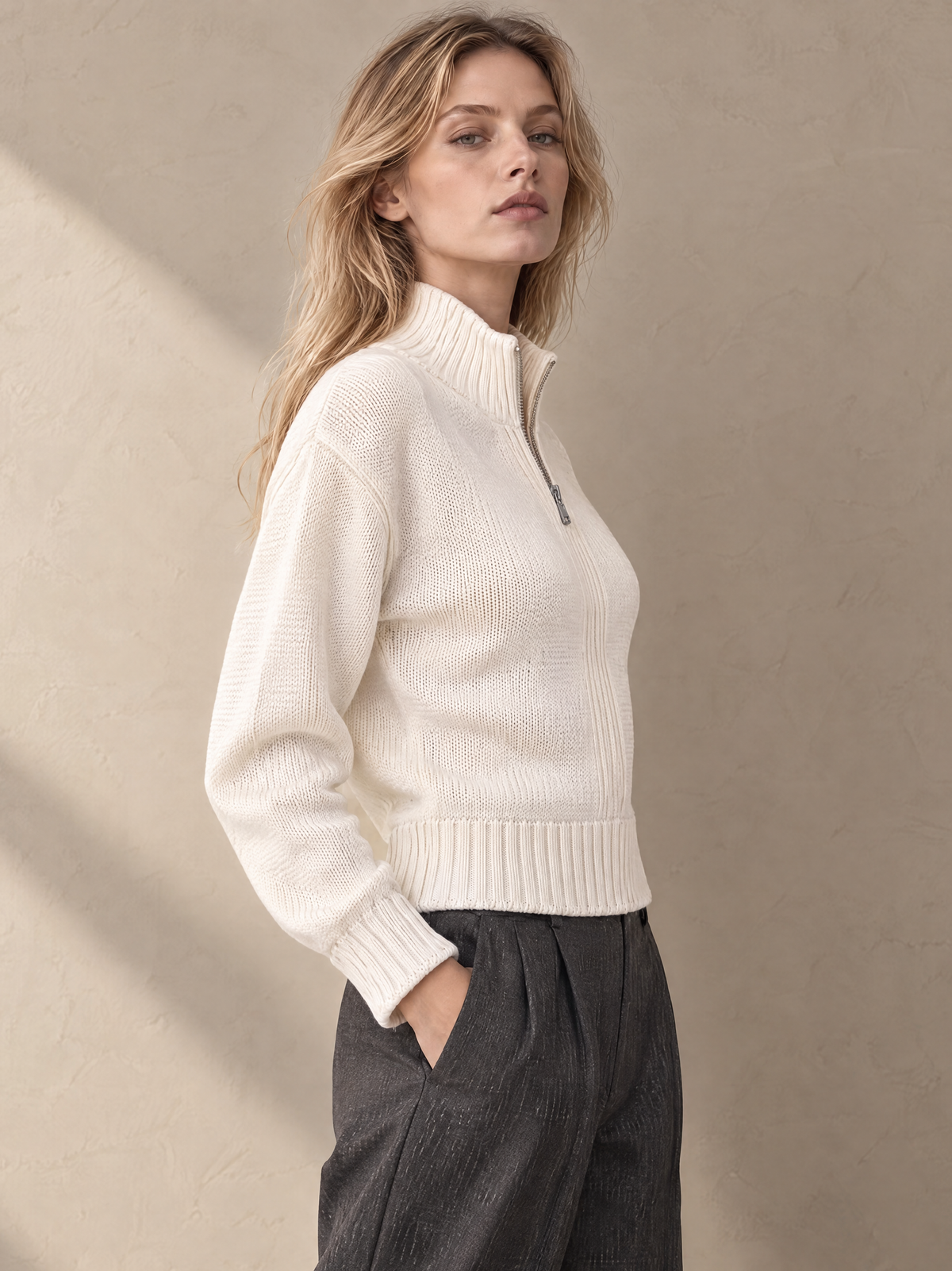 Elegant Ivory Half-Zip High-Neck Knit Sweater