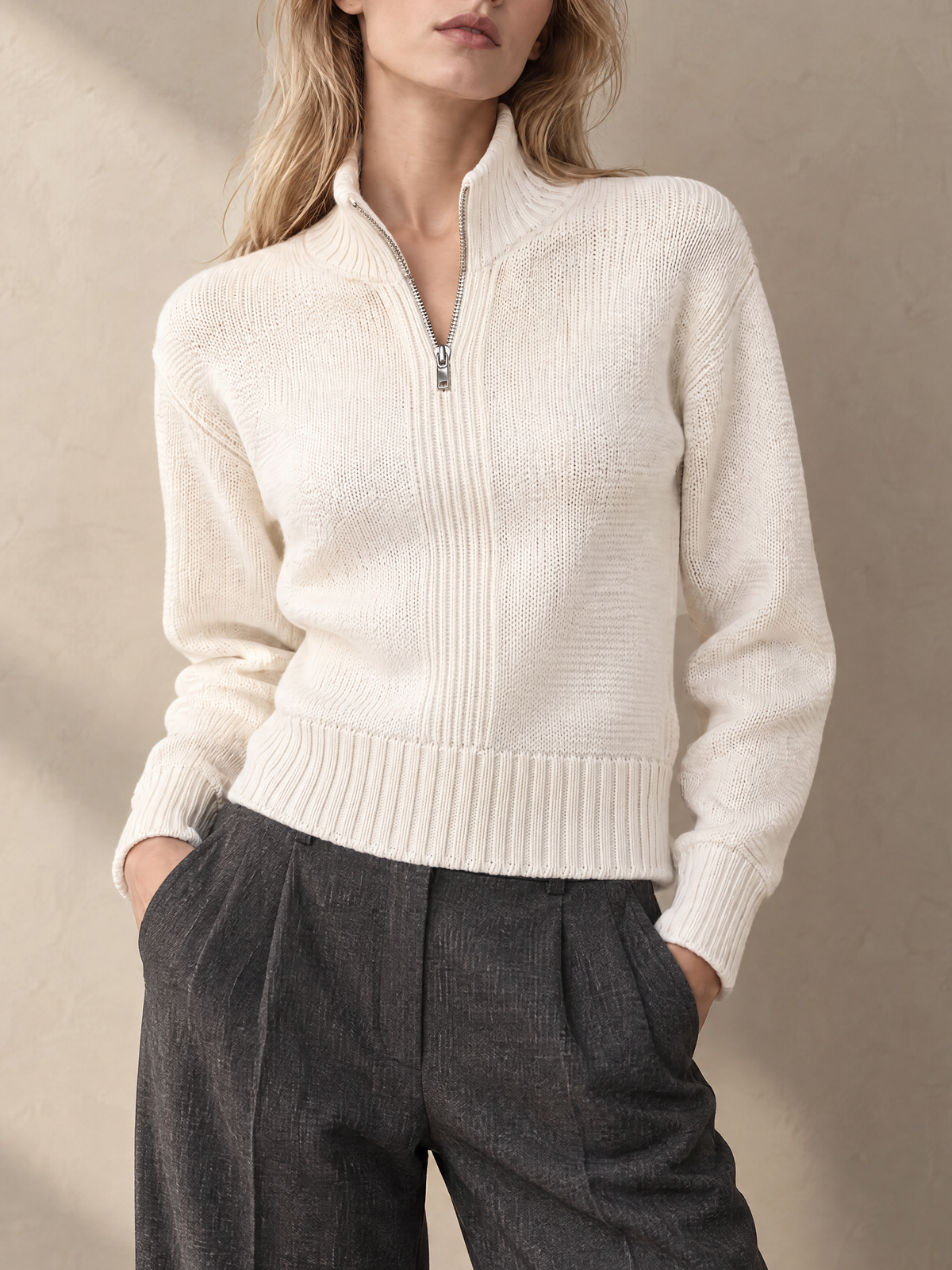 Elegant Ivory Half-Zip High-Neck Knit Sweater