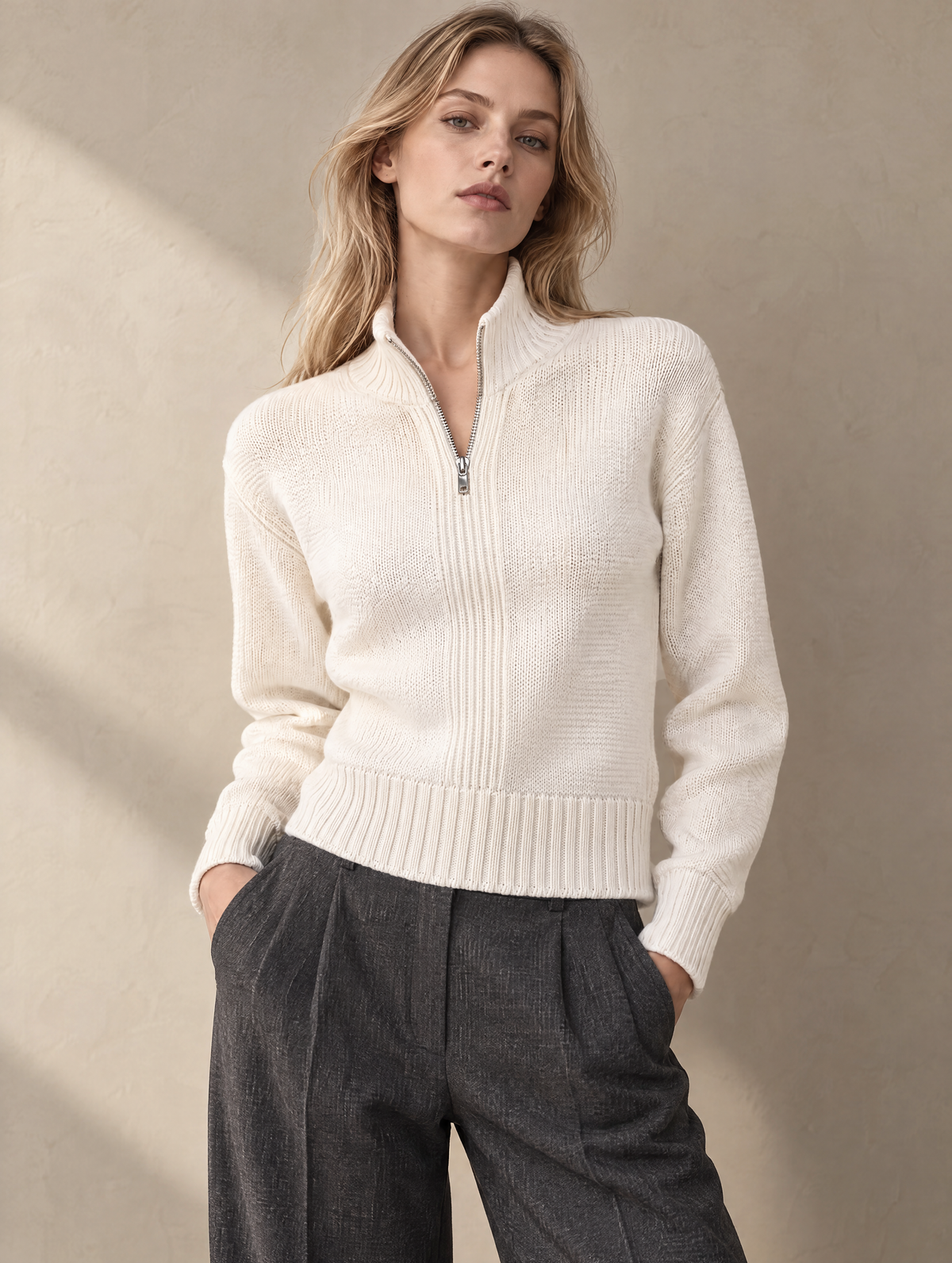 Elegant Ivory Half-Zip High-Neck Knit Sweater
