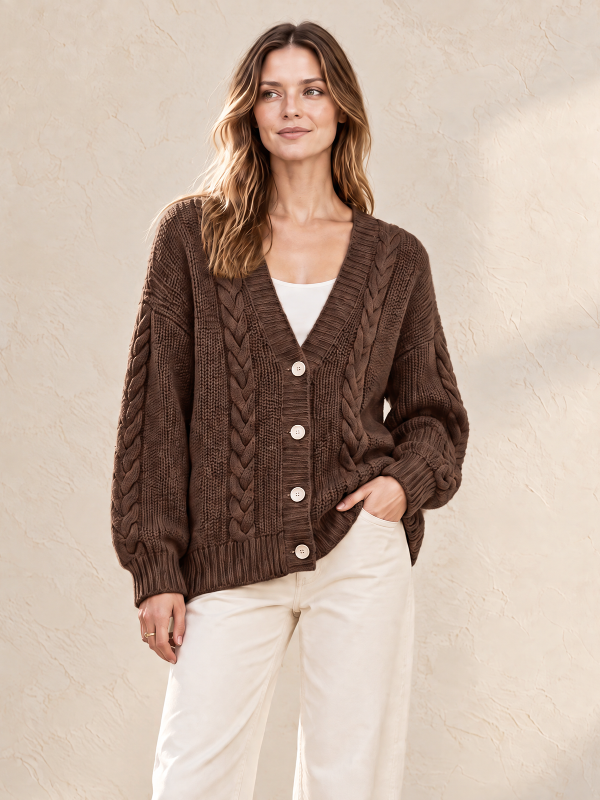 Elegant Chocolate Brown Cable-Knit Cardigan With Ivory Contrast Buttons