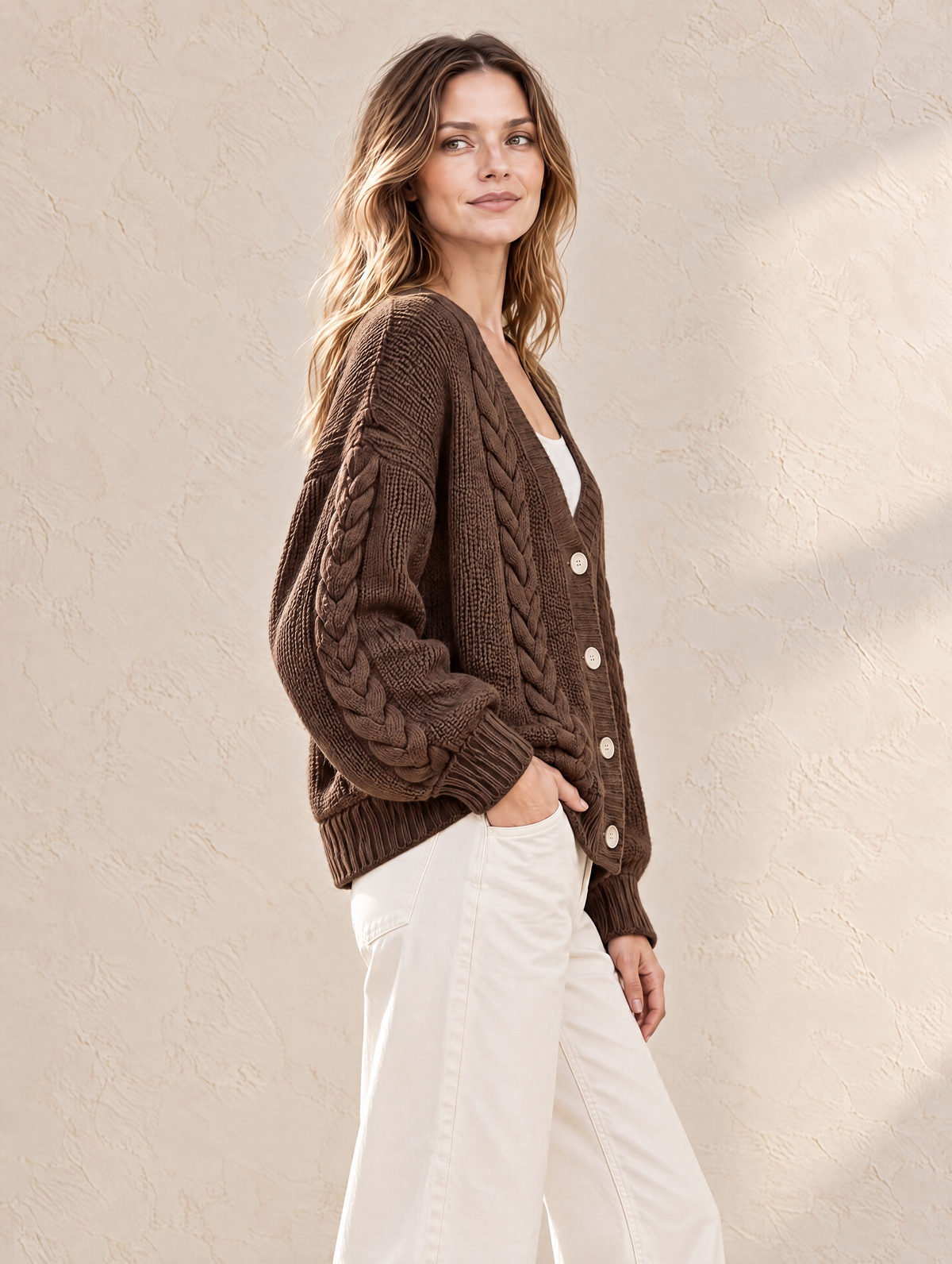 Elegant Chocolate Brown Cable-Knit Cardigan With Ivory Contrast Buttons