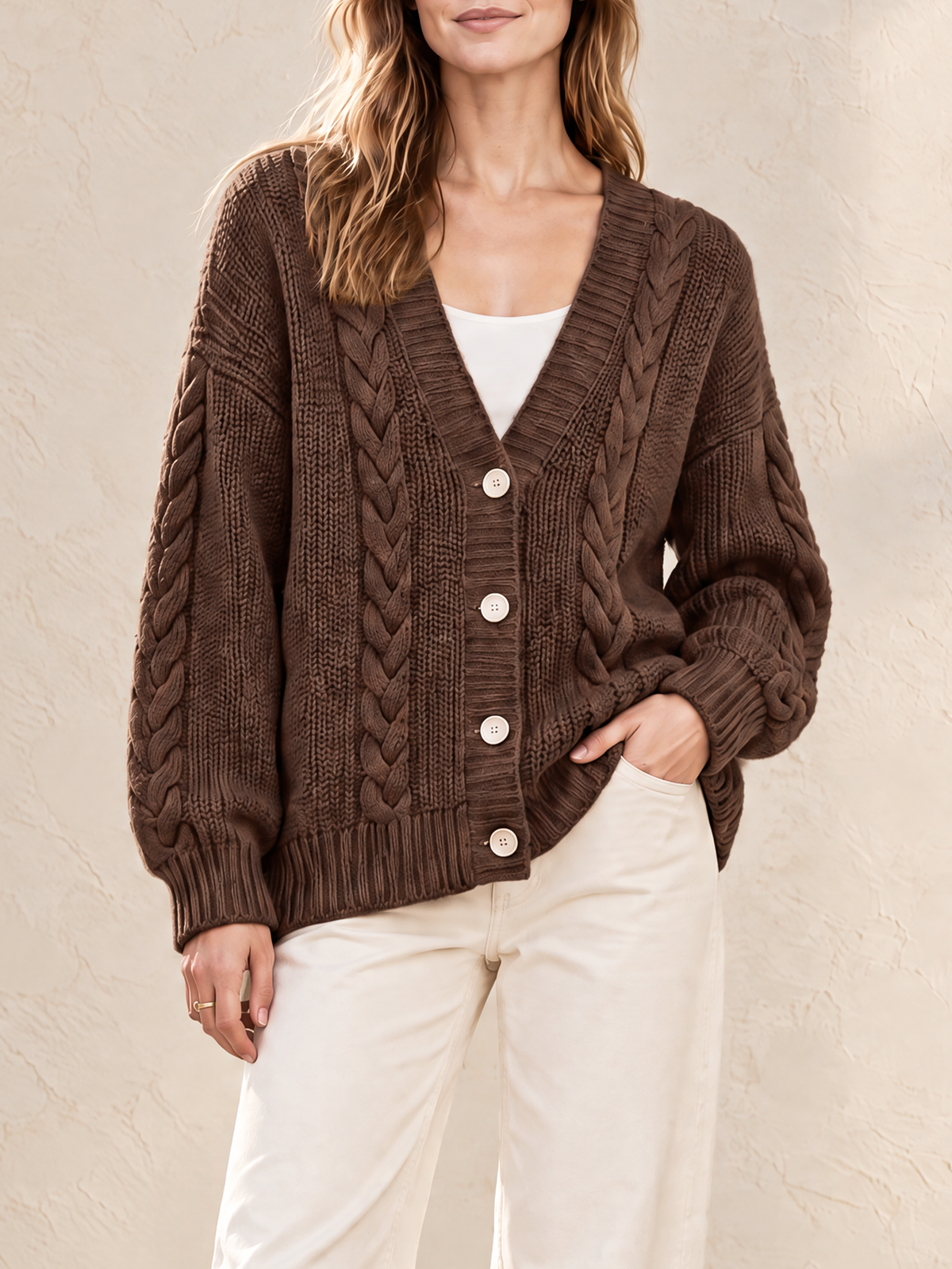 Elegant Chocolate Brown Cable-Knit Cardigan With Ivory Contrast Buttons