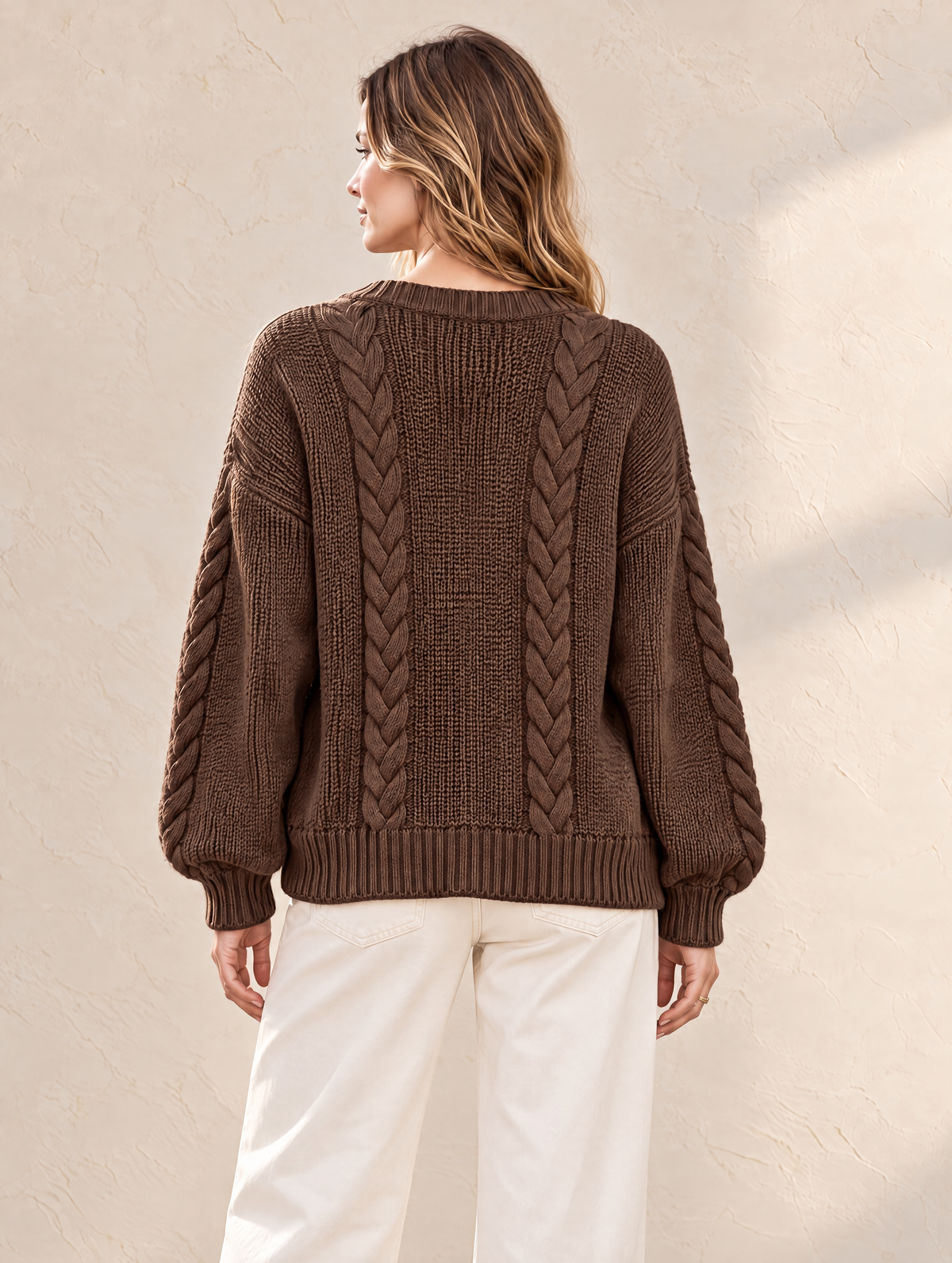 Elegant Chocolate Brown Cable-Knit Cardigan With Ivory Contrast Buttons
