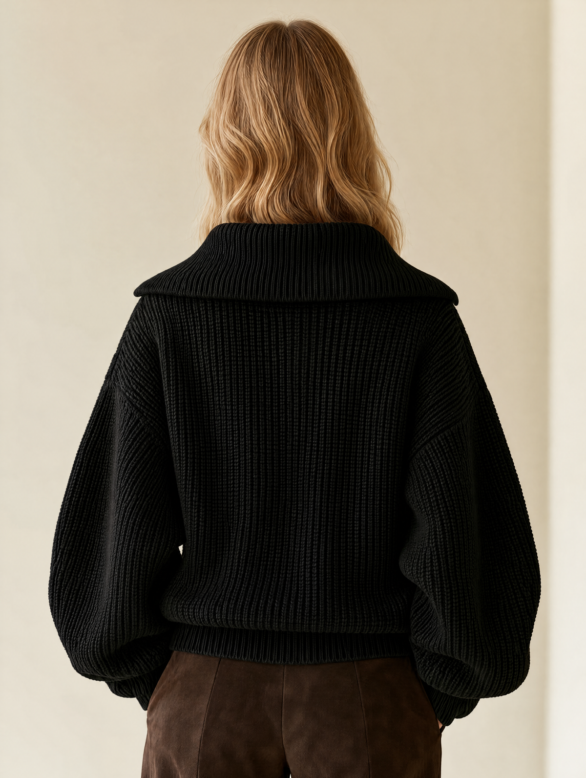 Black Chunky Rib Knit Half-Zip Sweater With Oversized Collar