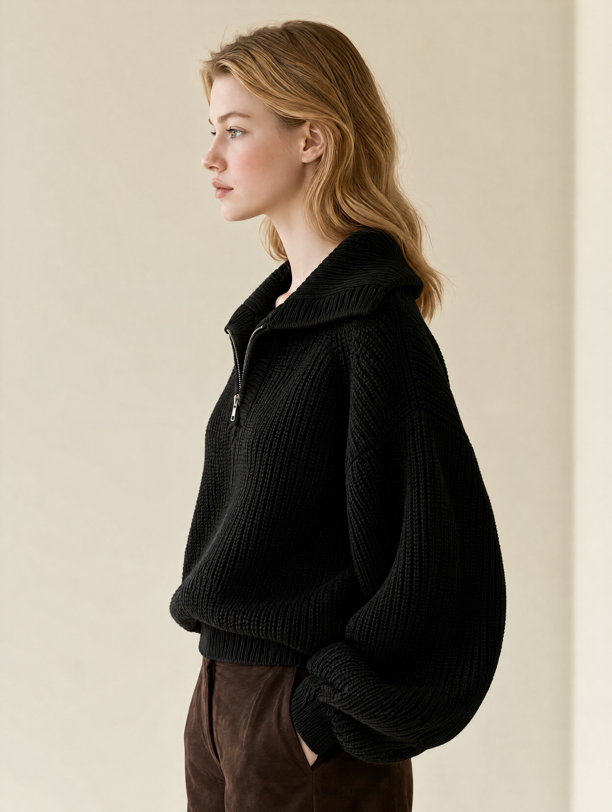 Black Chunky Rib Knit Half-Zip Sweater With Oversized Collar