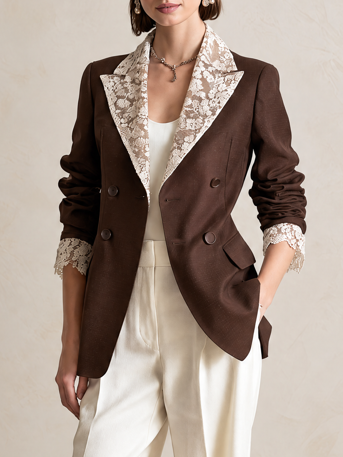 Elegant Dark Chocolate Brown Blazer With Ivory Lace Contrast Lapels