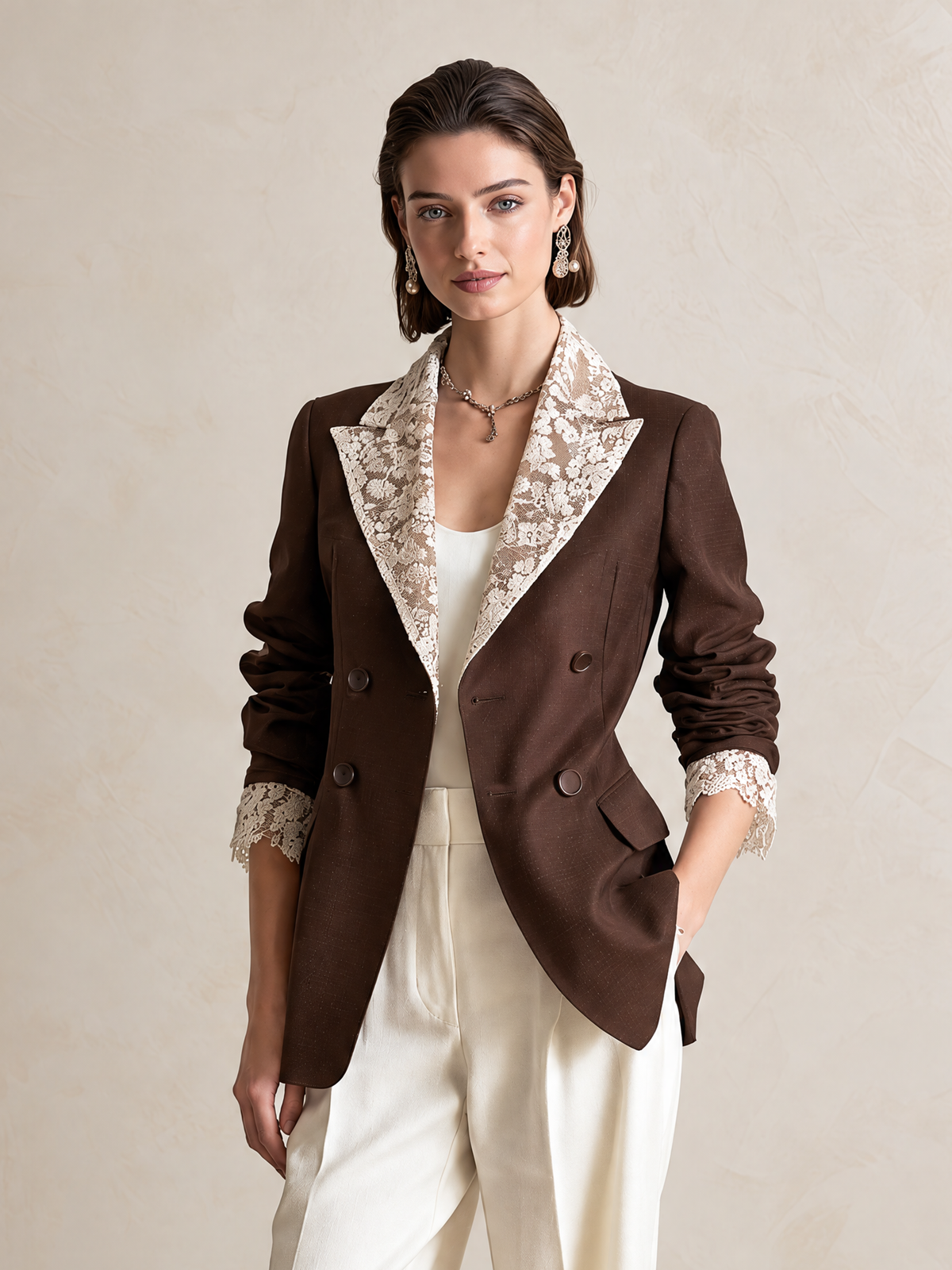 Elegant Dark Chocolate Brown Blazer With Ivory Lace Contrast Lapels