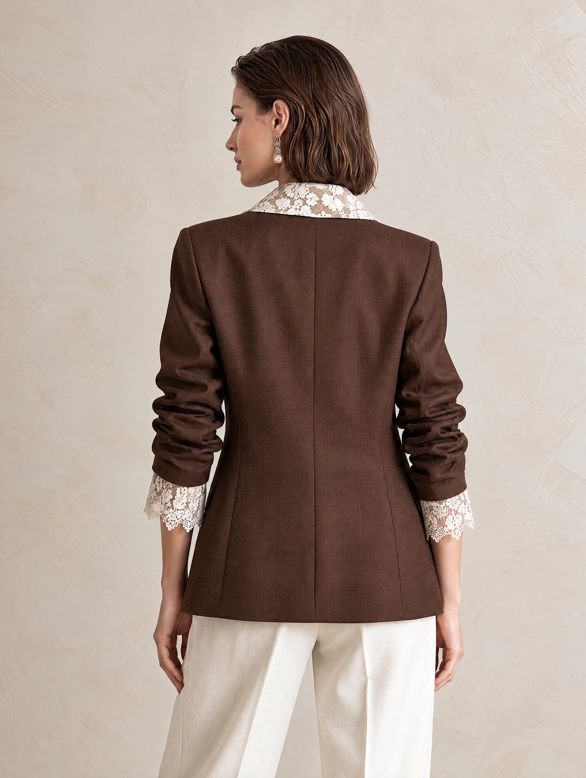 Elegant Dark Chocolate Brown Blazer With Ivory Lace Contrast Lapels