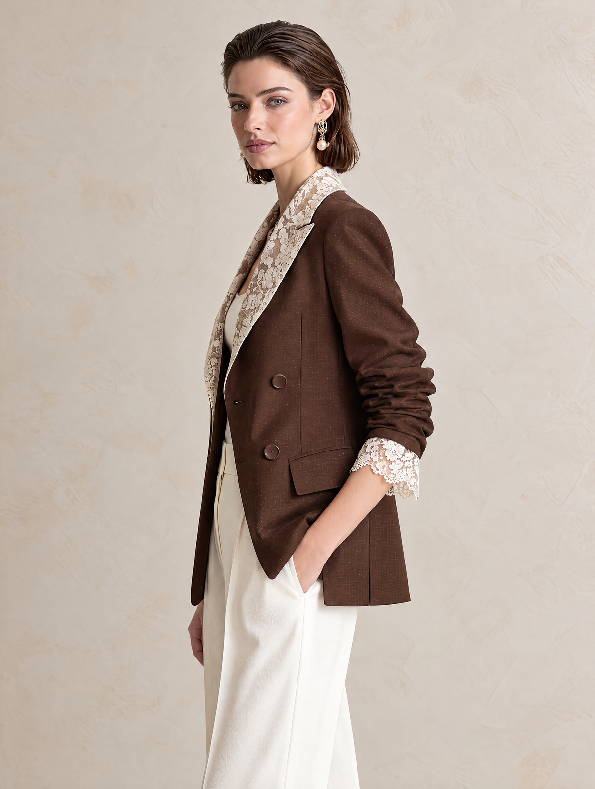 Elegant Dark Chocolate Brown Blazer With Ivory Lace Contrast Lapels