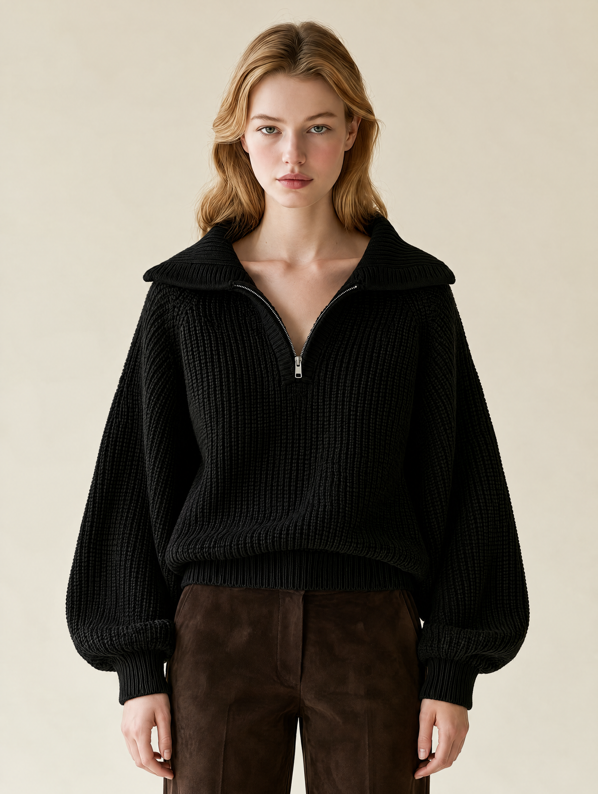 Black Chunky Rib Knit Half-Zip Sweater With Oversized Collar