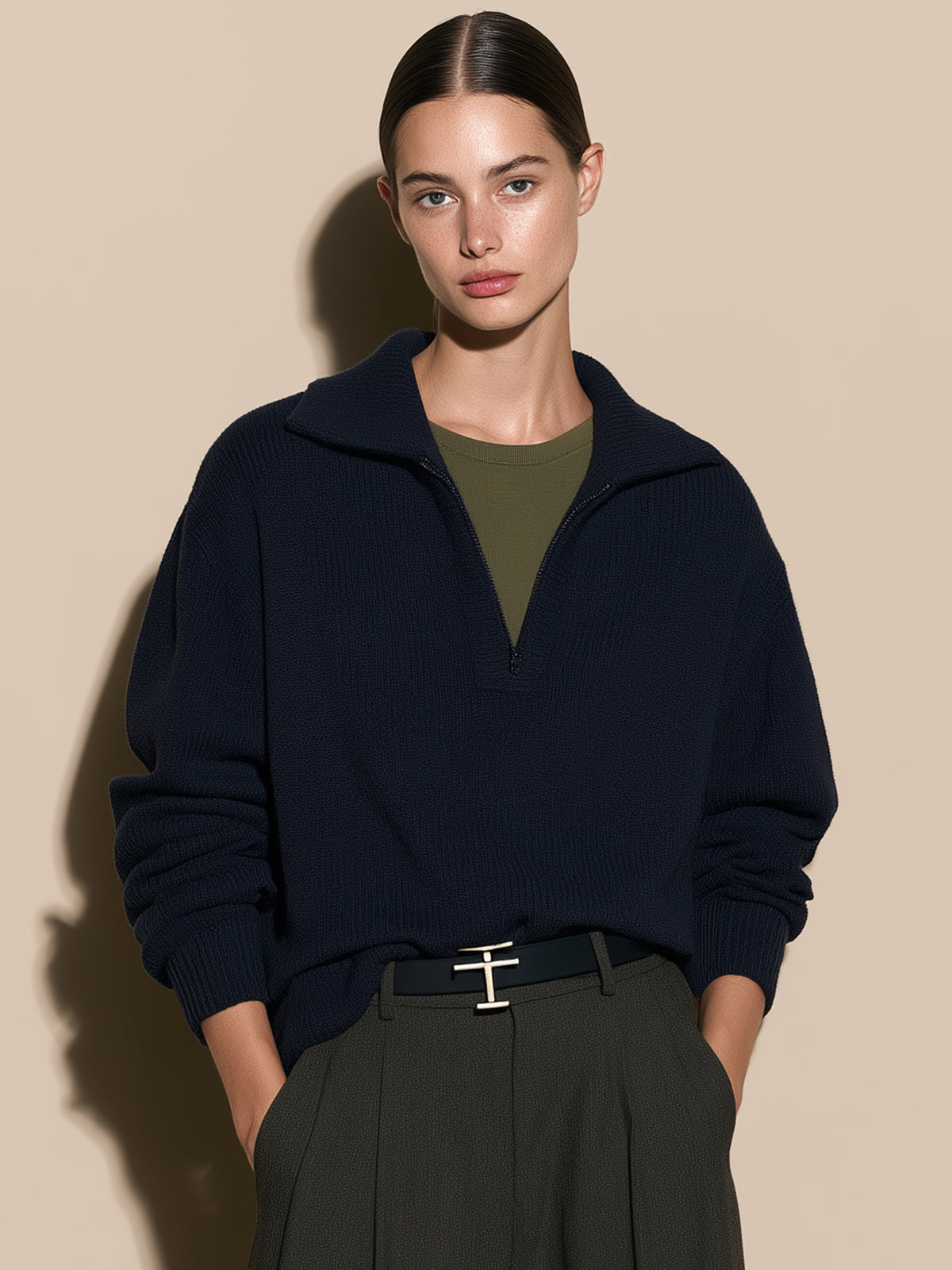 Navy Half-Zip Knit Sweater With Contrast Olive Mock Layered Inset