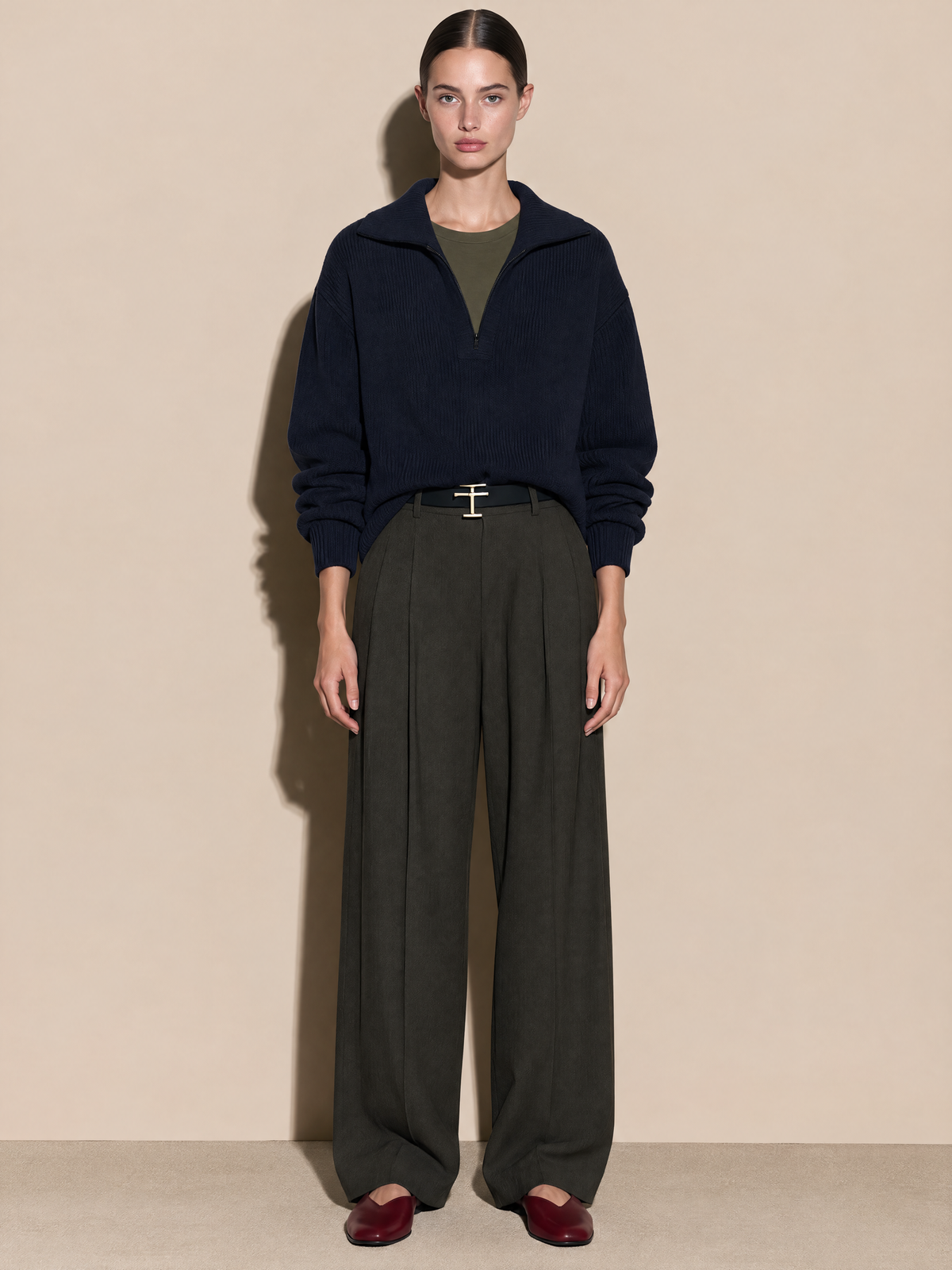 Navy Half-Zip Knit Sweater With Contrast Olive Mock Layered Inset
