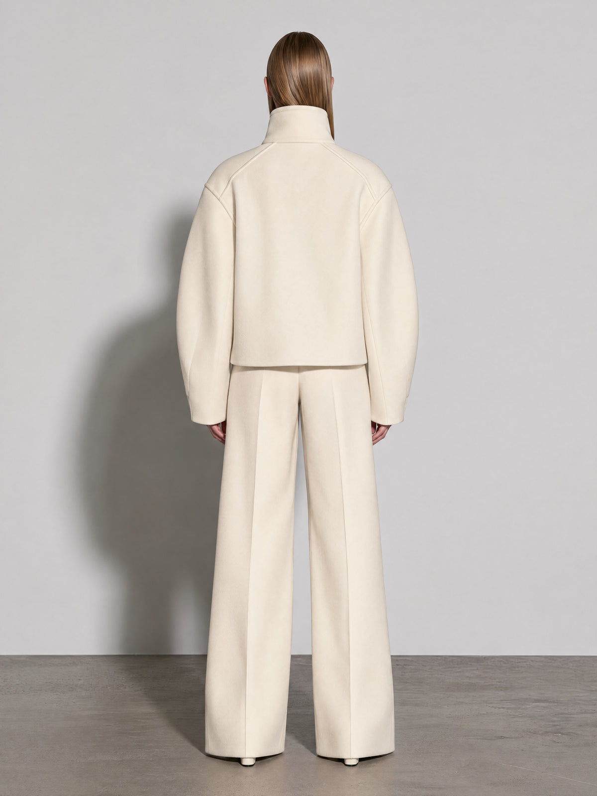 Cream Wool-Blend Asymmetric Wrap Top & Wide-Leg Trousers Two-Piece Set