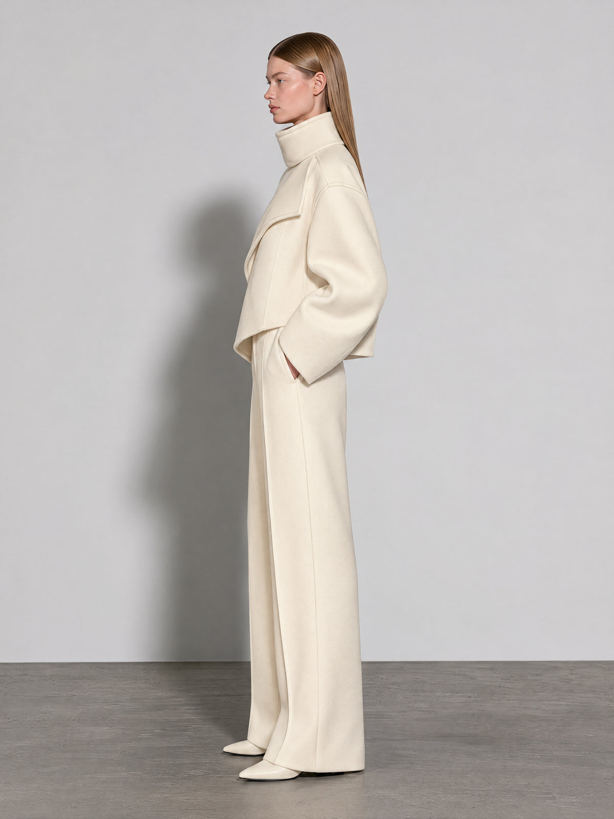 Cream Wool-Blend Asymmetric Wrap Top & Wide-Leg Trousers Two-Piece Set