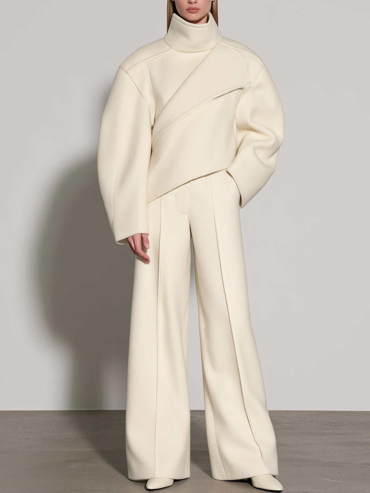Cream Wool-Blend Asymmetric Wrap Top & Wide-Leg Trousers Two-Piece Set
