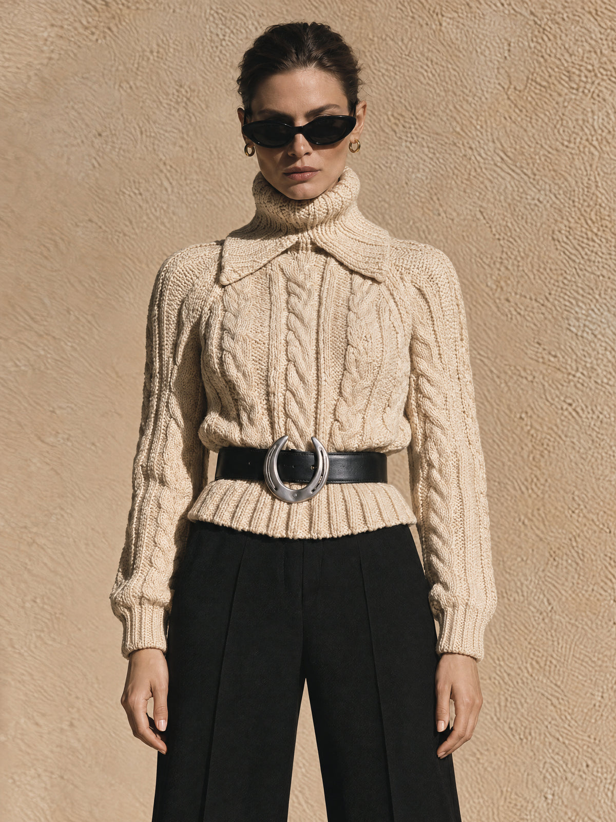 Cream Chunky Cable Knit Turtleneck Sweater With Oversized Fold-Over Collar