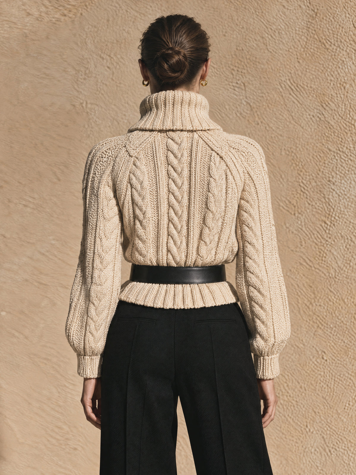 Cream Chunky Cable Knit Turtleneck Sweater With Oversized Fold-Over Collar