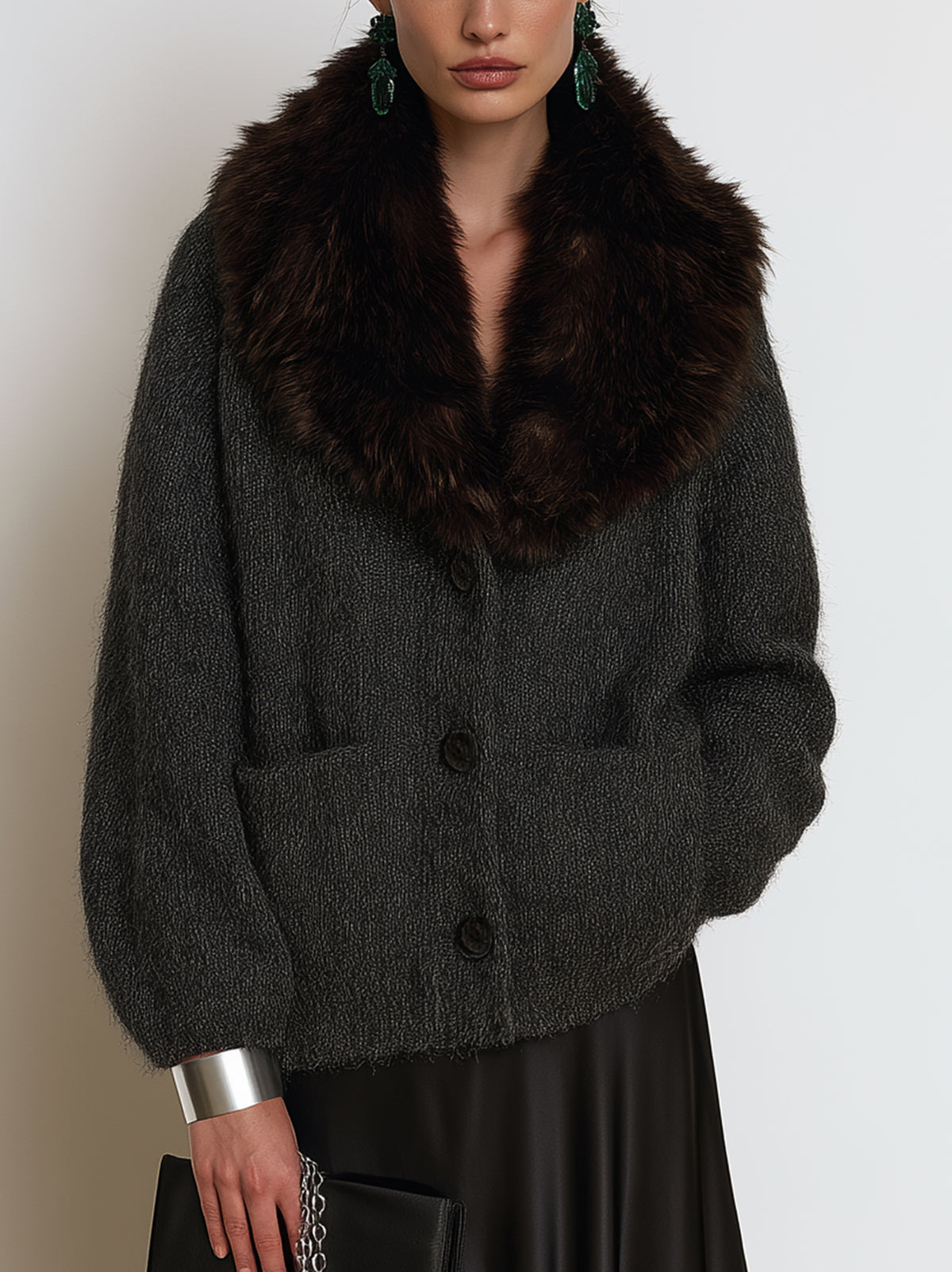 Charcoal Brushed Mohair Knit Cardigan With Faux Fur Collar