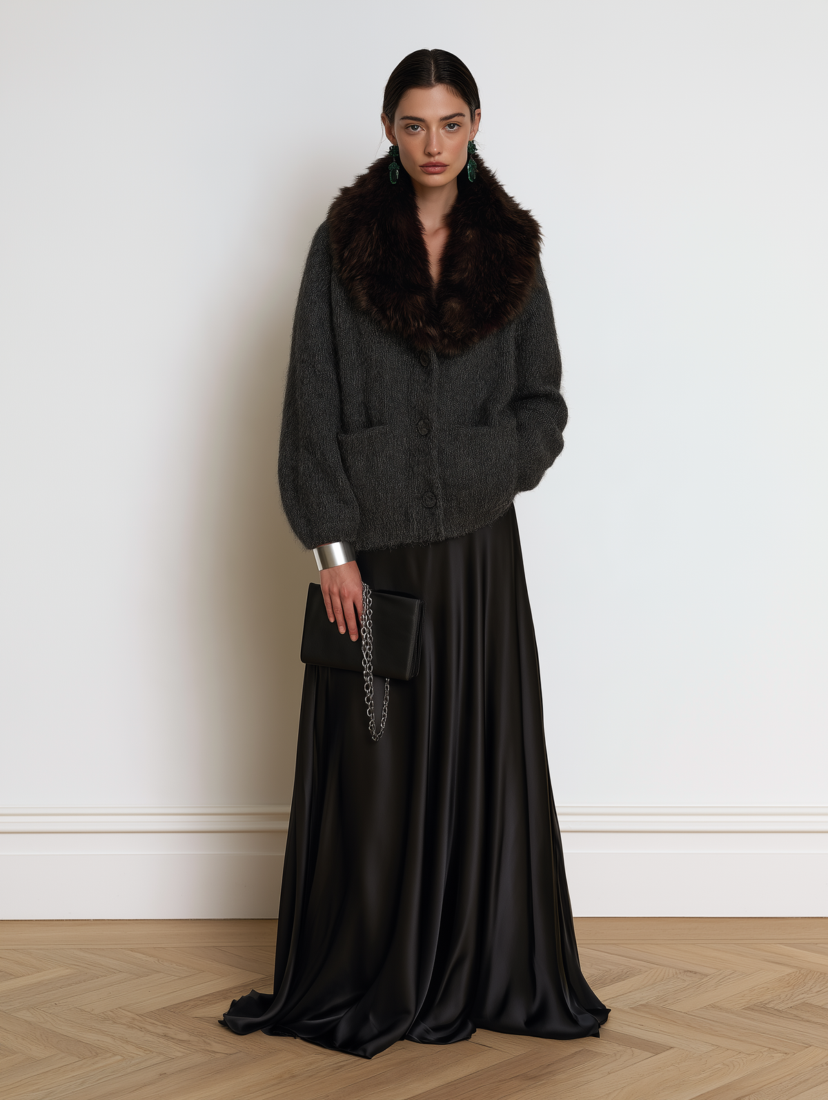 Charcoal Brushed Mohair Knit Cardigan With Faux Fur Collar