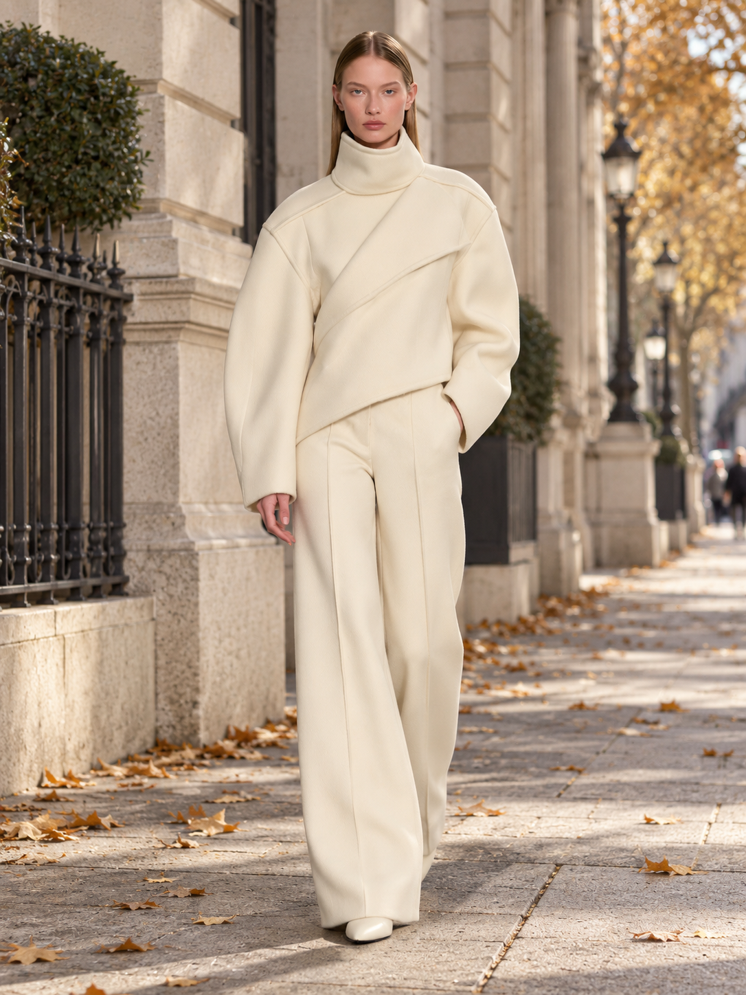 Cream Wool-Blend Asymmetric Wrap Top & Wide-Leg Trousers Two-Piece Set