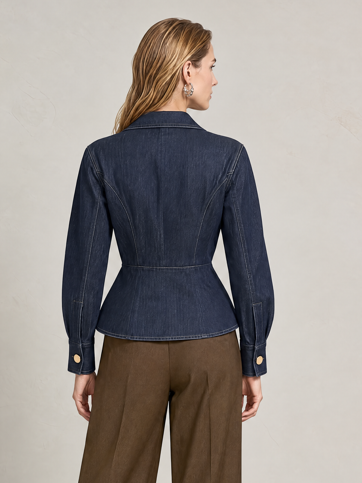 Elegant Navy Blue Denim Shirt With Gold-Tone Contrast Buttons