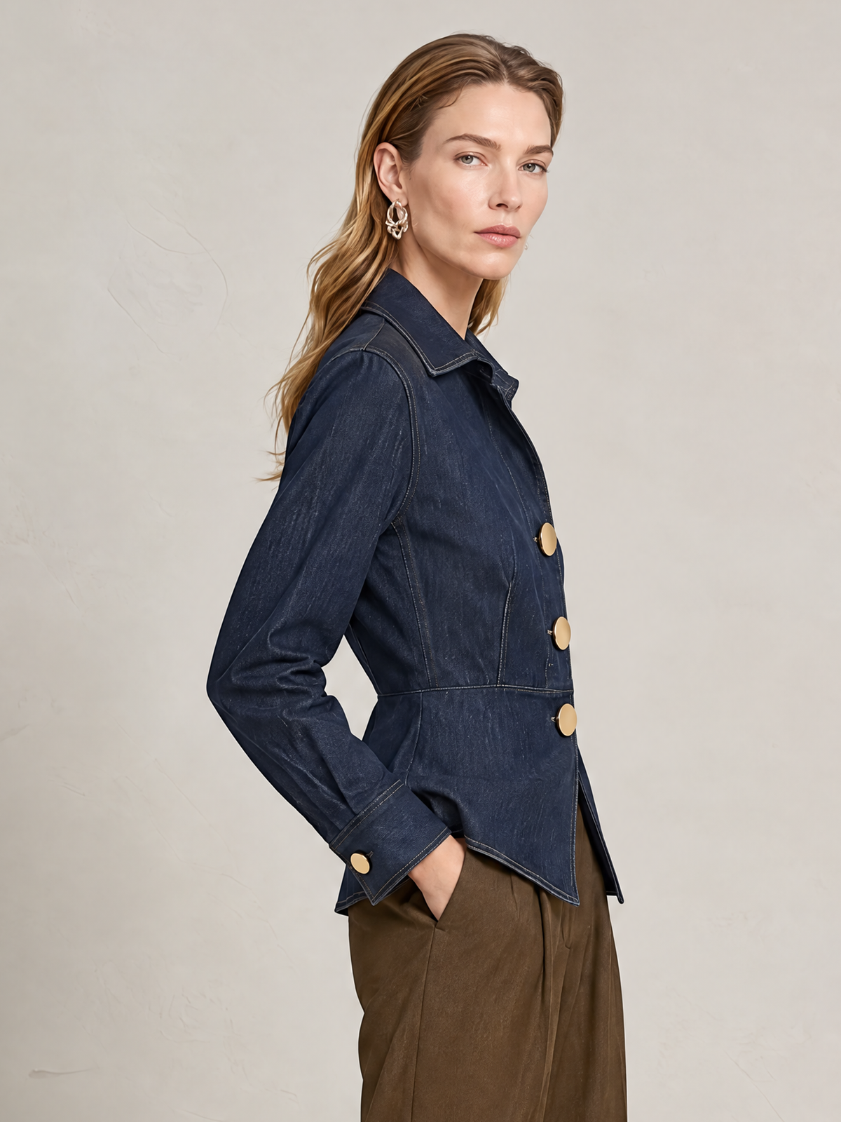 Elegant Navy Blue Denim Shirt With Gold-Tone Contrast Buttons