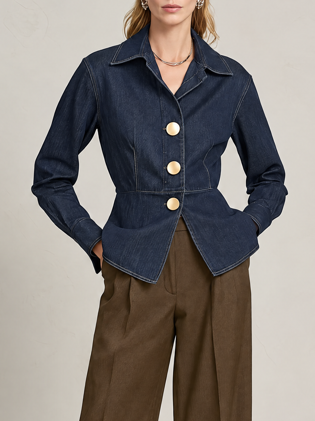 Elegant Navy Blue Denim Shirt With Gold-Tone Contrast Buttons