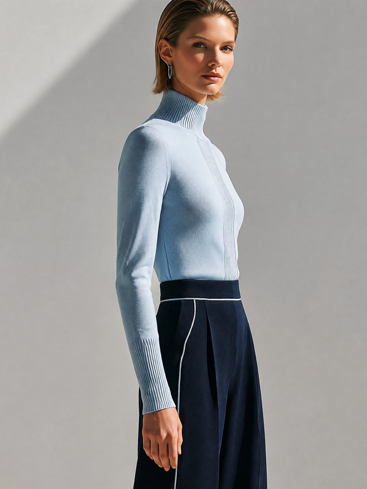 Turtleneck Knit Vertical Rib Paneling Sweater