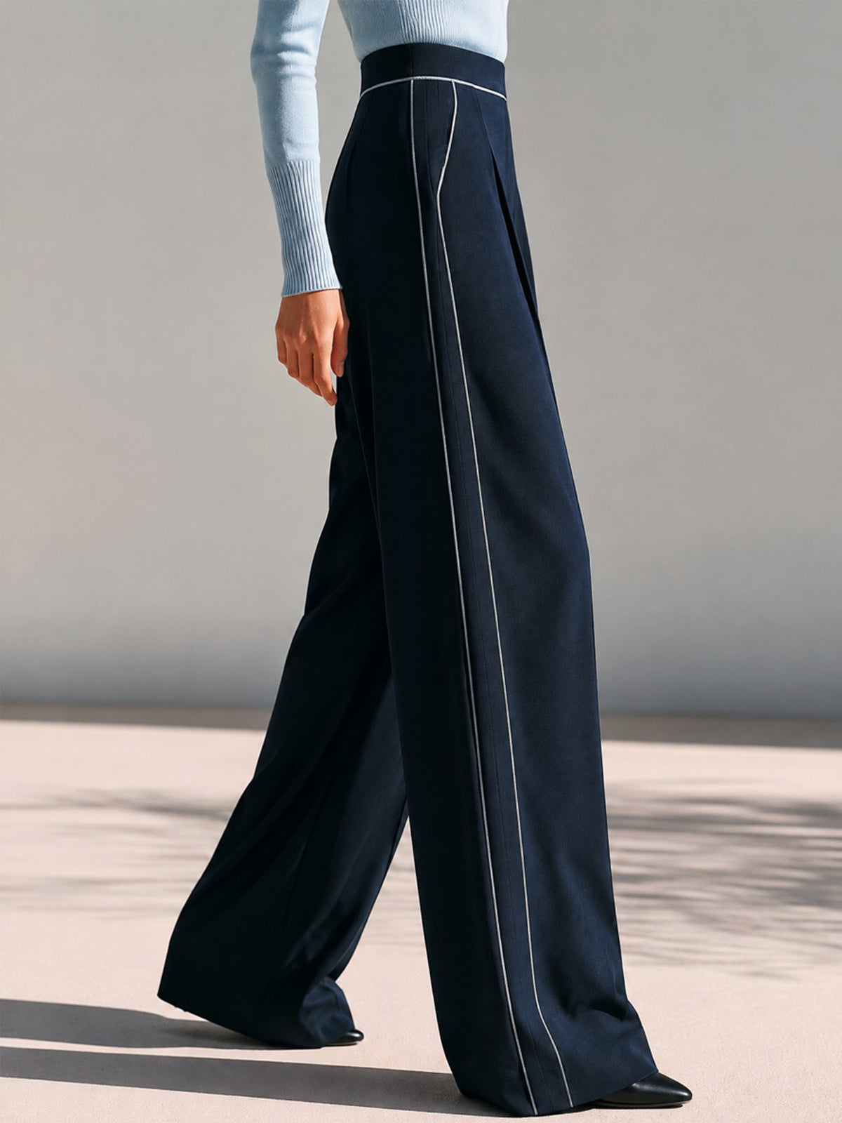 Navy High-Waisted Wide-Leg Trousers Winter