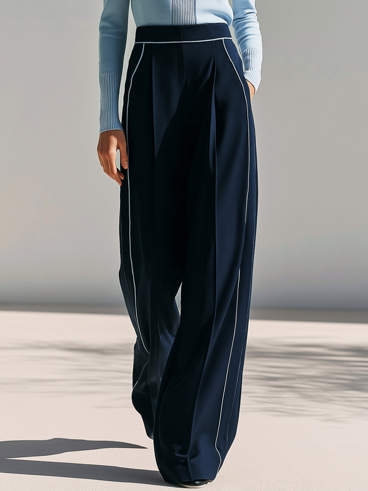 Navy High-Waisted Wide-Leg Trousers Winter