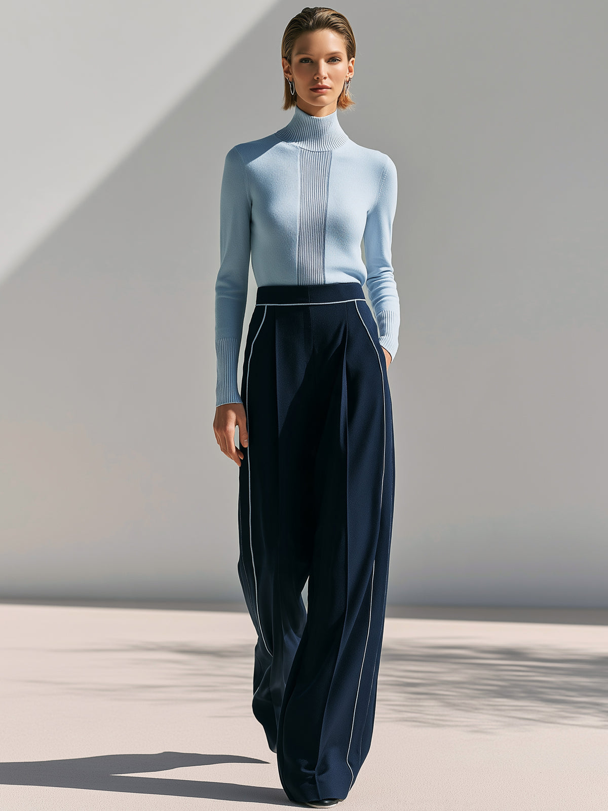 Navy High-Waisted Wide-Leg Trousers Winter