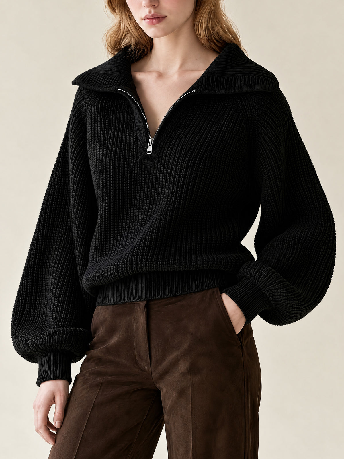 Black Chunky Rib Knit Half-Zip Sweater With Oversized Collar