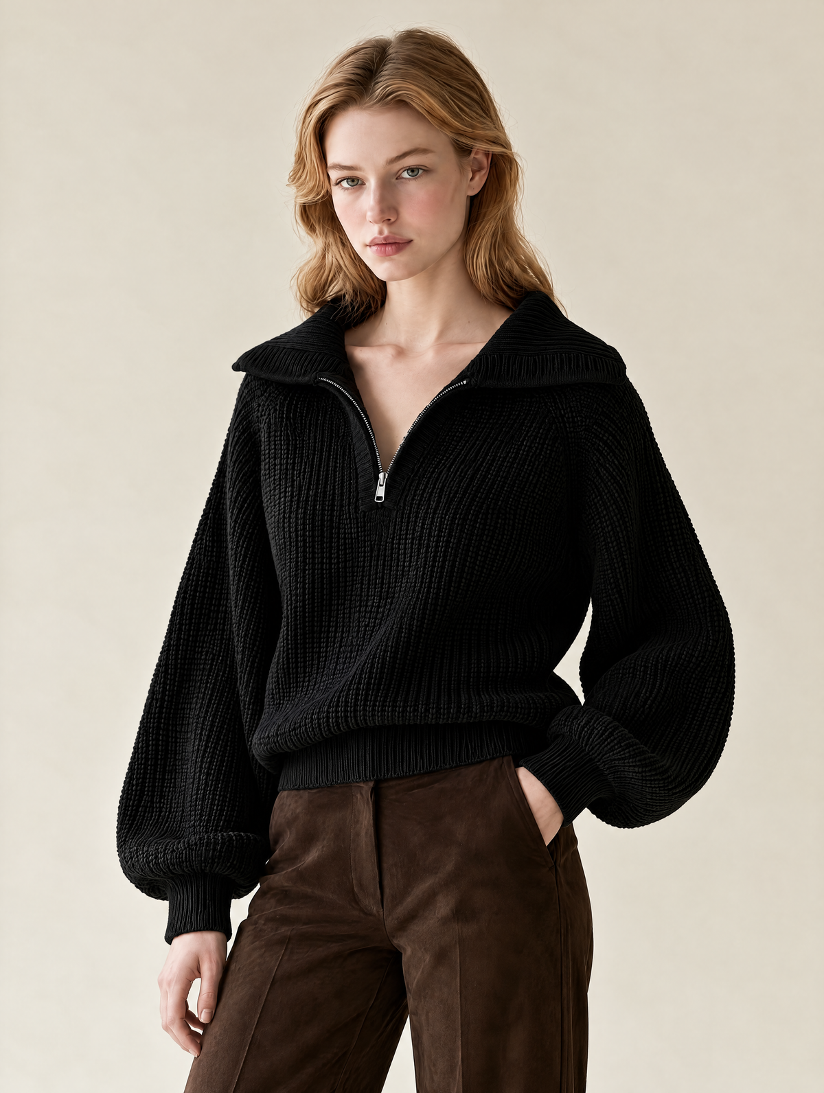 Black Chunky Rib Knit Half-Zip Sweater With Oversized Collar