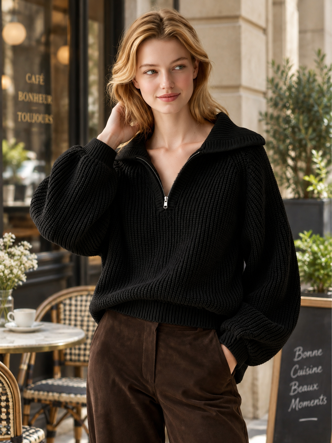 Black Chunky Rib Knit Half-Zip Sweater With Oversized Collar