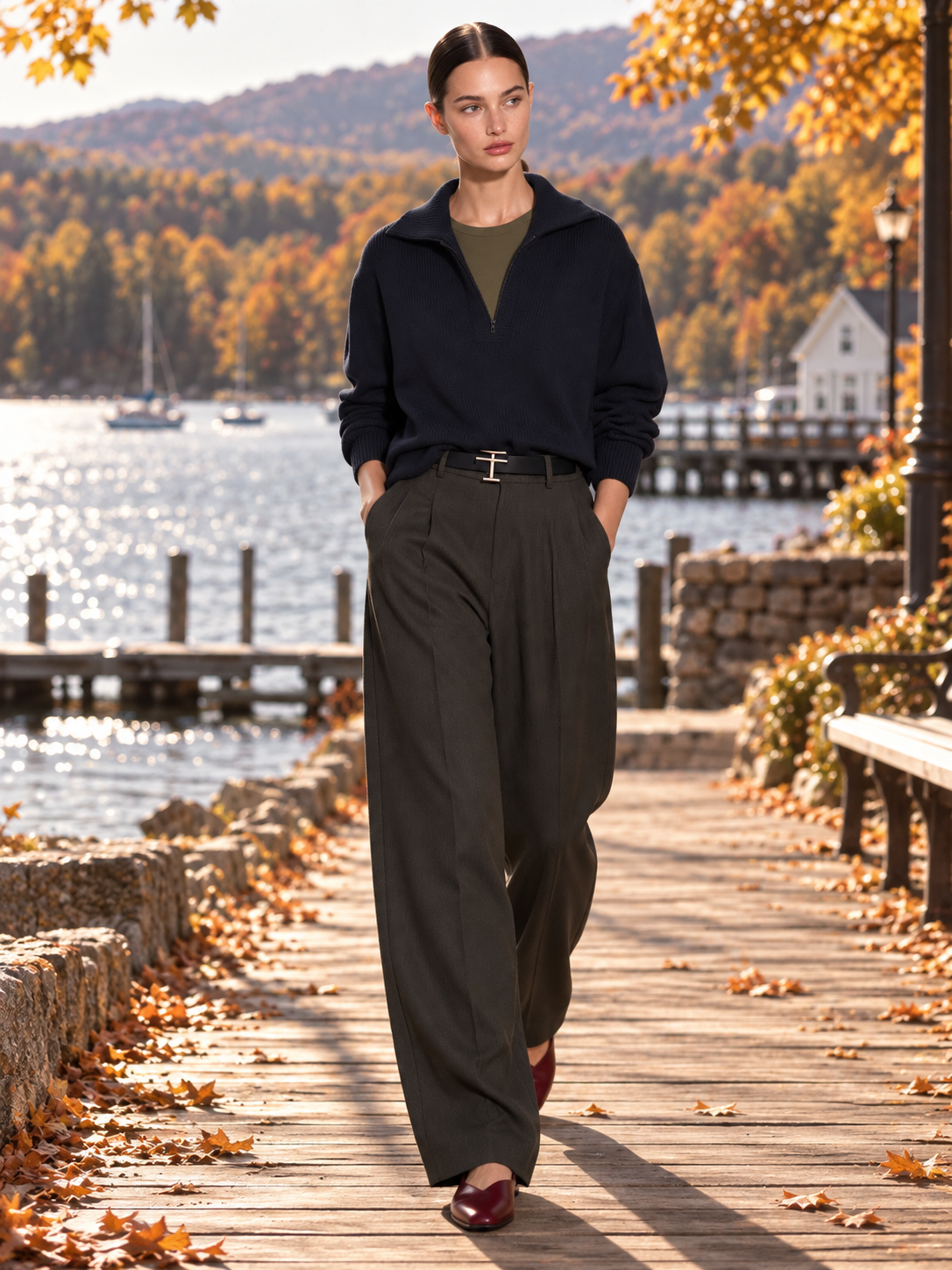 Navy Half-Zip Knit Sweater With Contrast Olive Mock Layered Inset