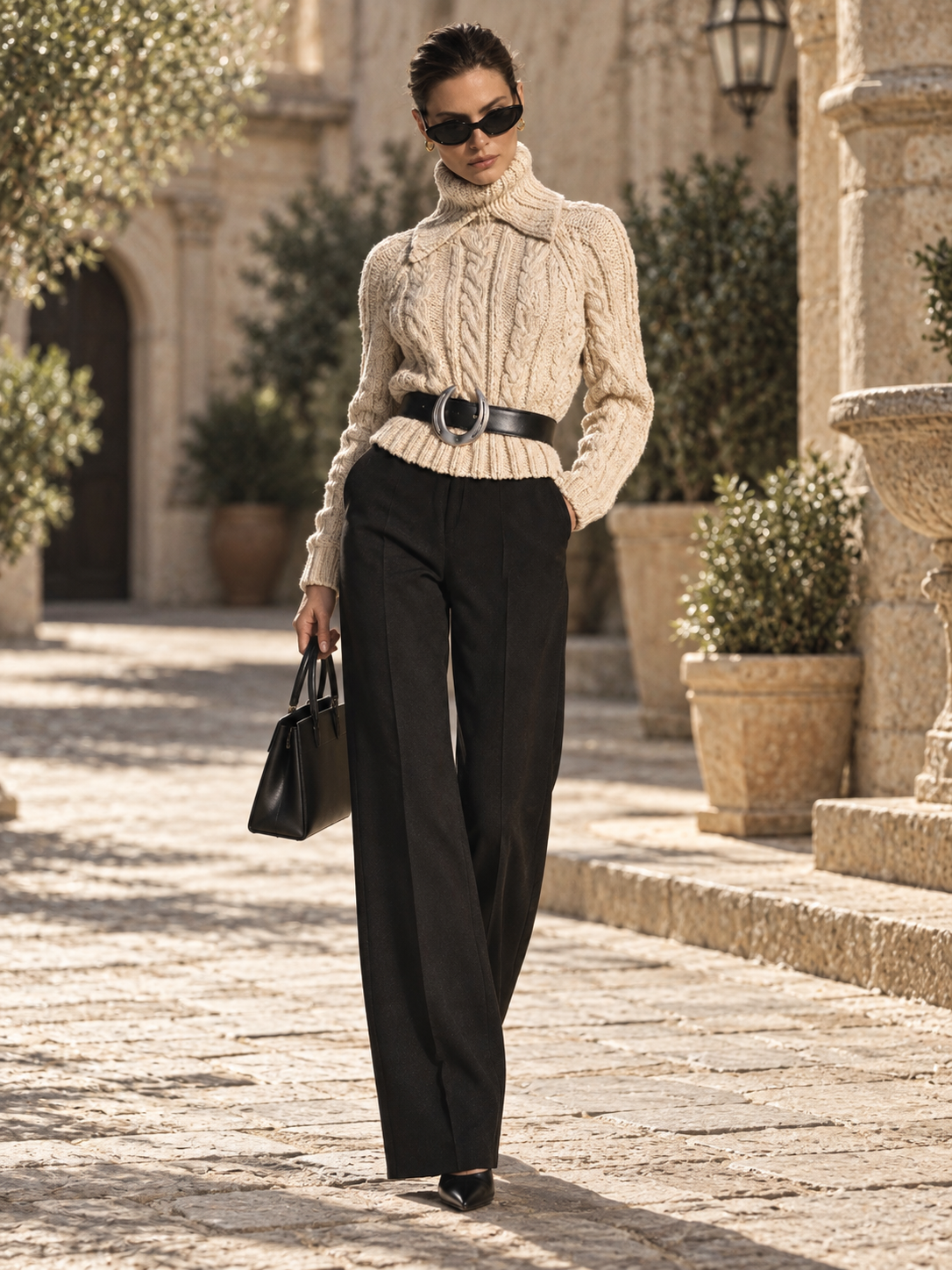 Cream Chunky Cable Knit Turtleneck Sweater With Oversized Fold-Over Collar