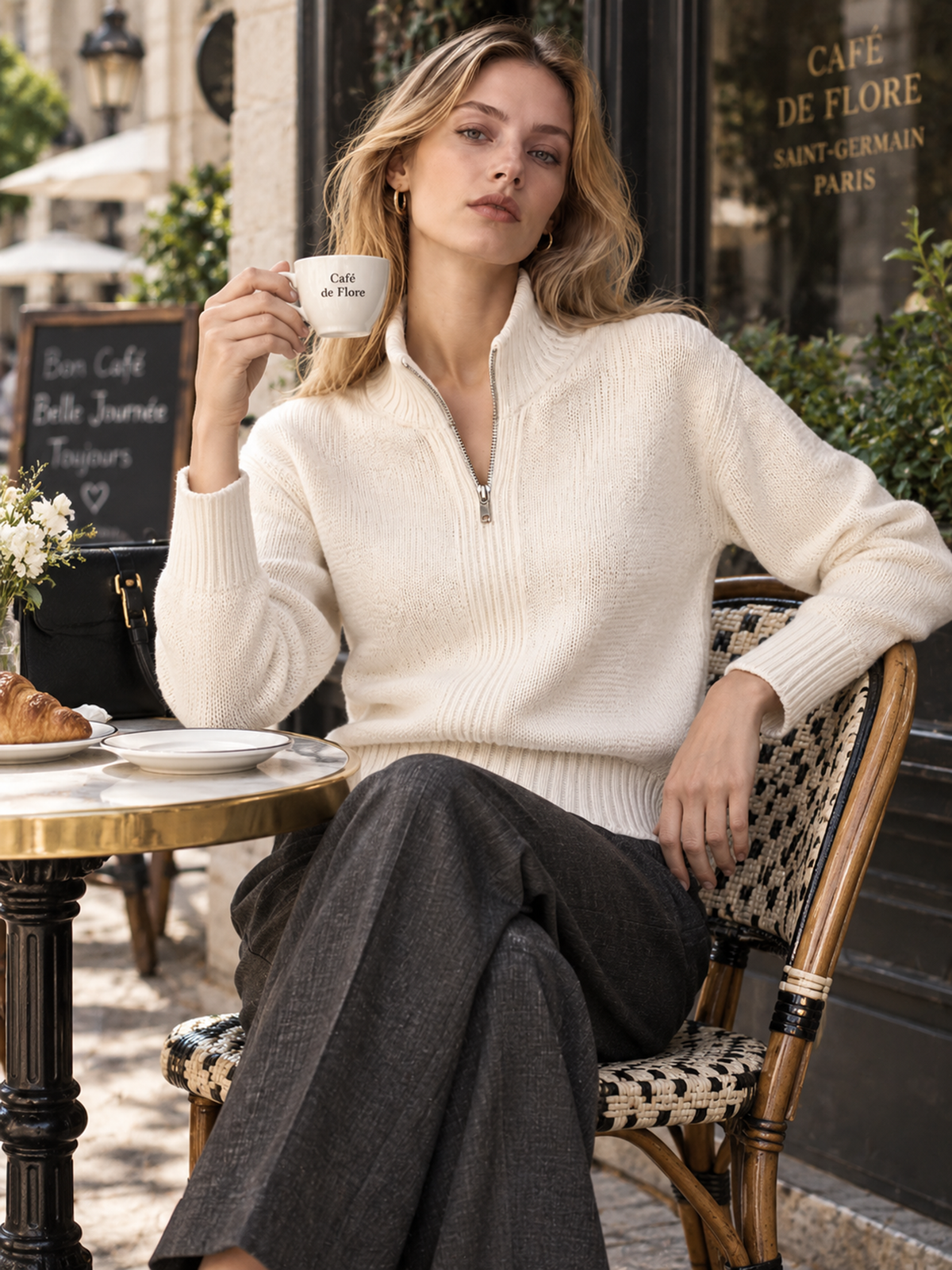 Elegant Ivory Half-Zip High-Neck Knit Sweater