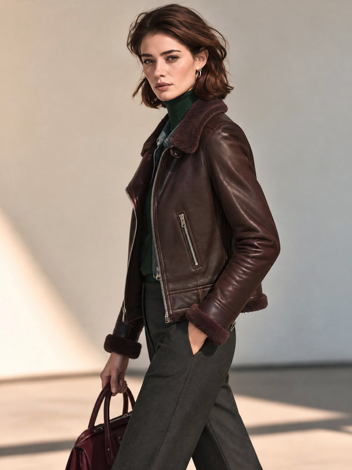 Leather Jacket With Shearling Panel Outerwear