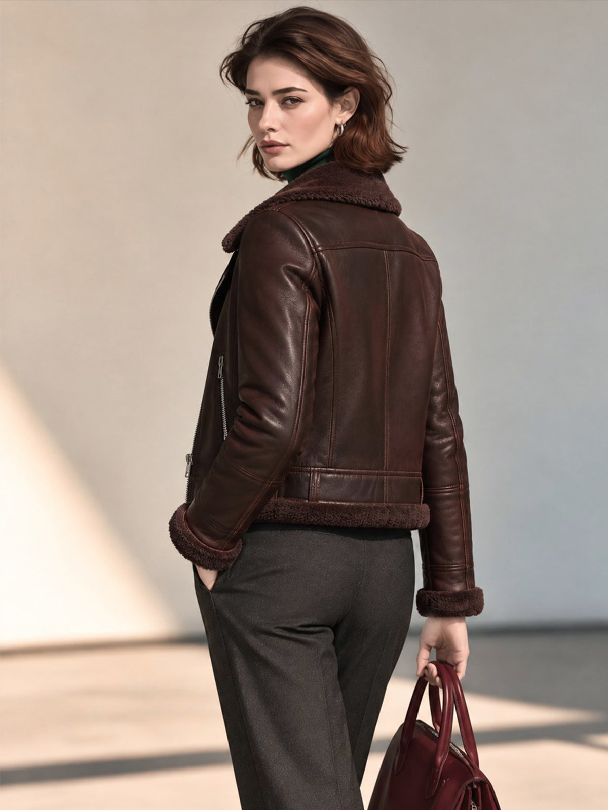 Leather Jacket With Shearling Panel Outerwear
