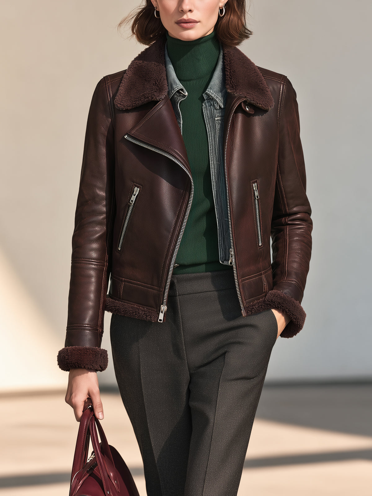 Leather Jacket With Shearling Panel Outerwear