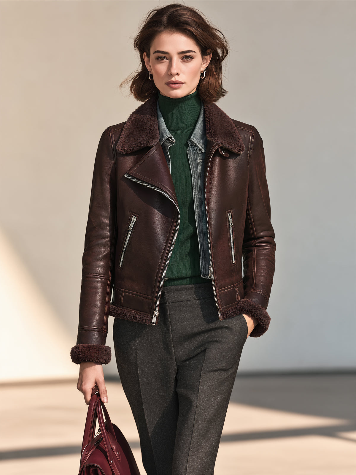 Leather Jacket With Shearling Panel Outerwear