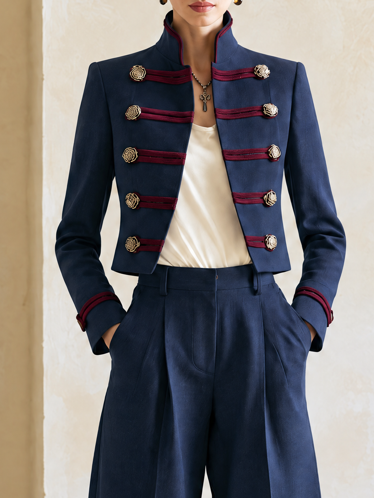 Elegant Navy & Burgundy Contrast Military Jacket With Gold-Tone Double-Breasted Buttons