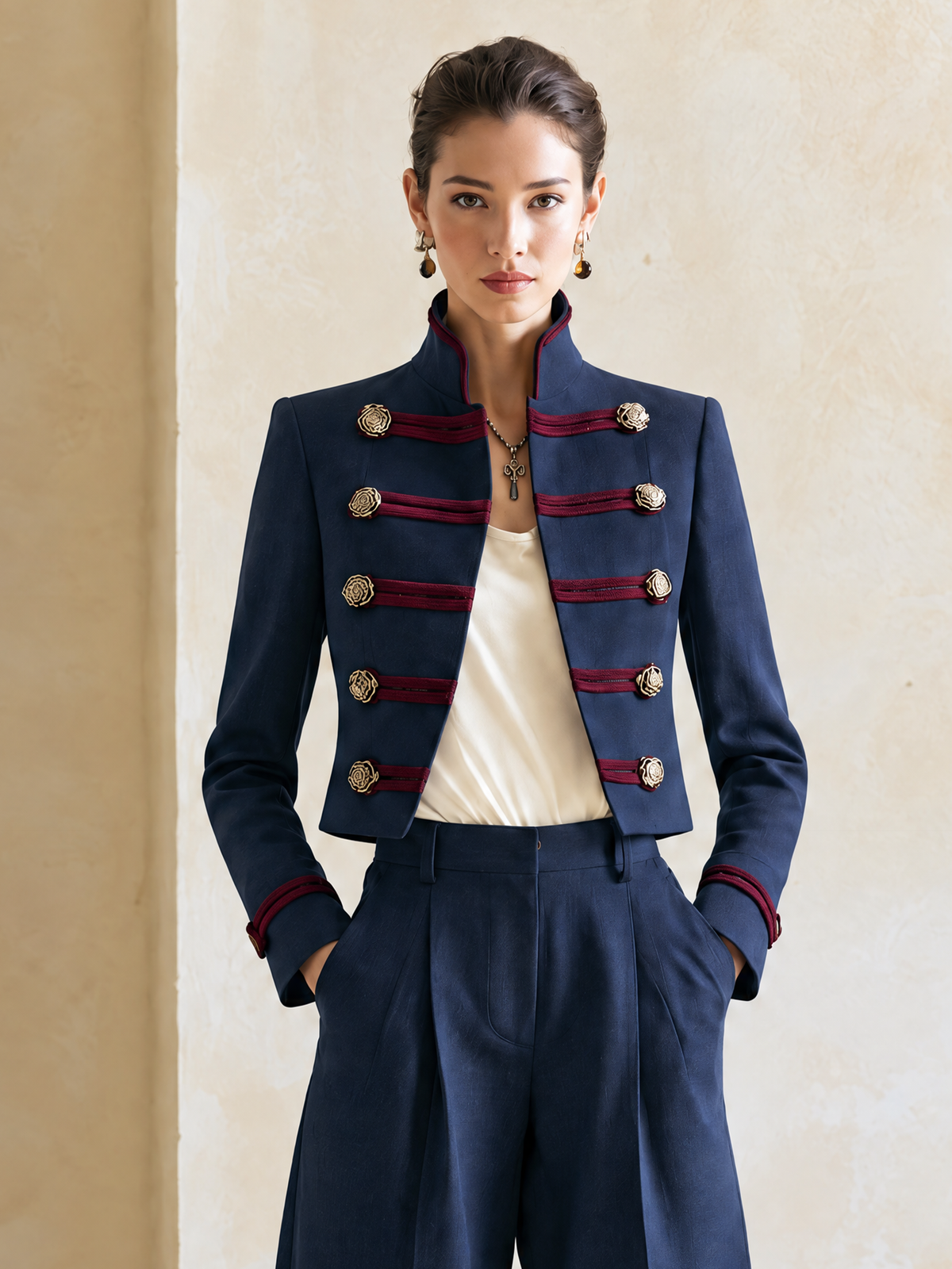 Elegant Navy & Burgundy Contrast Military Jacket With Gold-Tone Double-Breasted Buttons