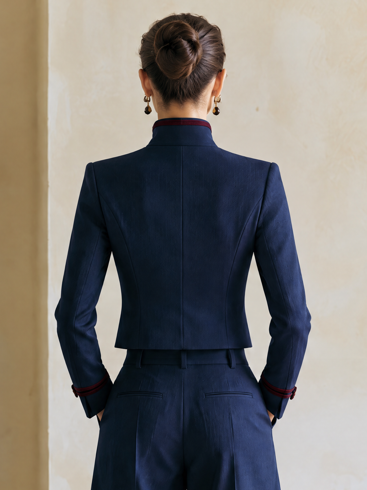 Elegant Navy & Burgundy Contrast Military Jacket With Gold-Tone Double-Breasted Buttons